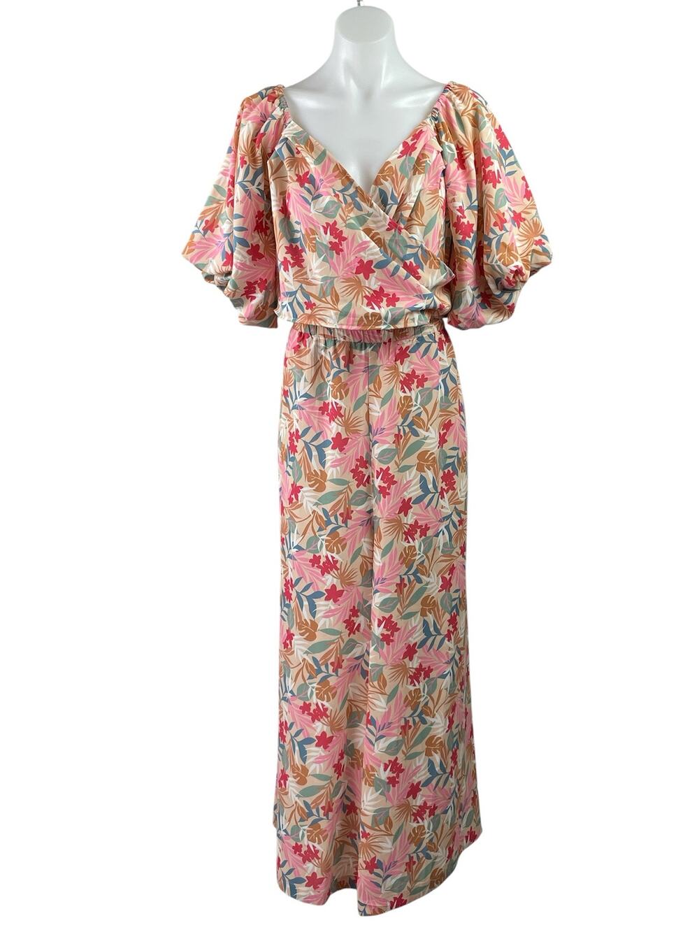 Fashion Nova Pink Floral Puff Sleeve Faux Wrap Wide Leg Blouse & Pants Set Sz 1X